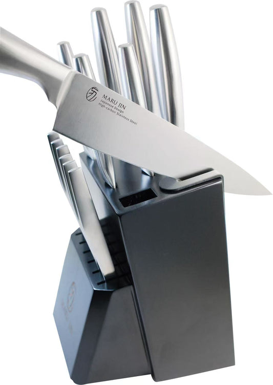 MARU JIN Stainless Steel Knife Block Set with Built-in Sharpener (15 pcs) - APEX GARDEN US
