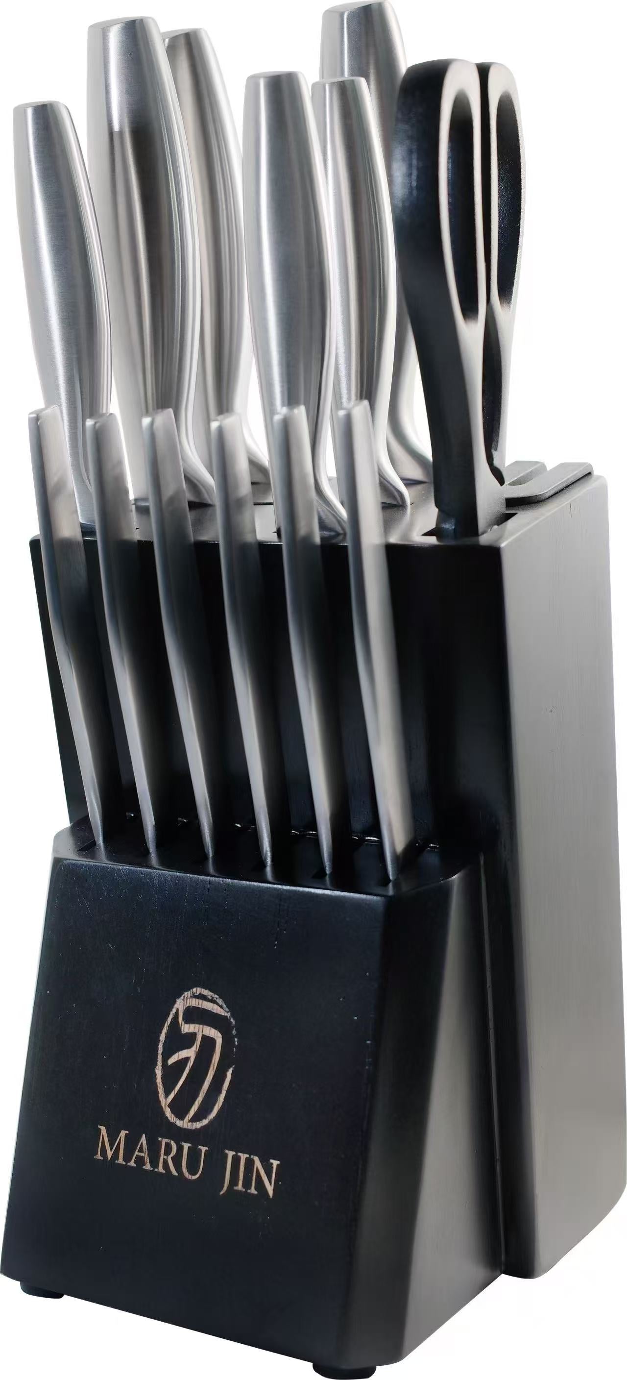 MARU JIN Stainless Steel Knife Block Set with Built-in Sharpener (15 pcs) - APEX GARDEN US