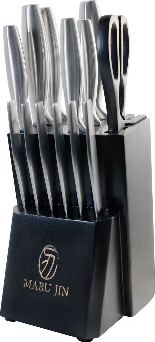 MARU JIN Stainless Steel Knife Block Set with Built-in Sharpener (15 pcs) - APEX GARDEN US