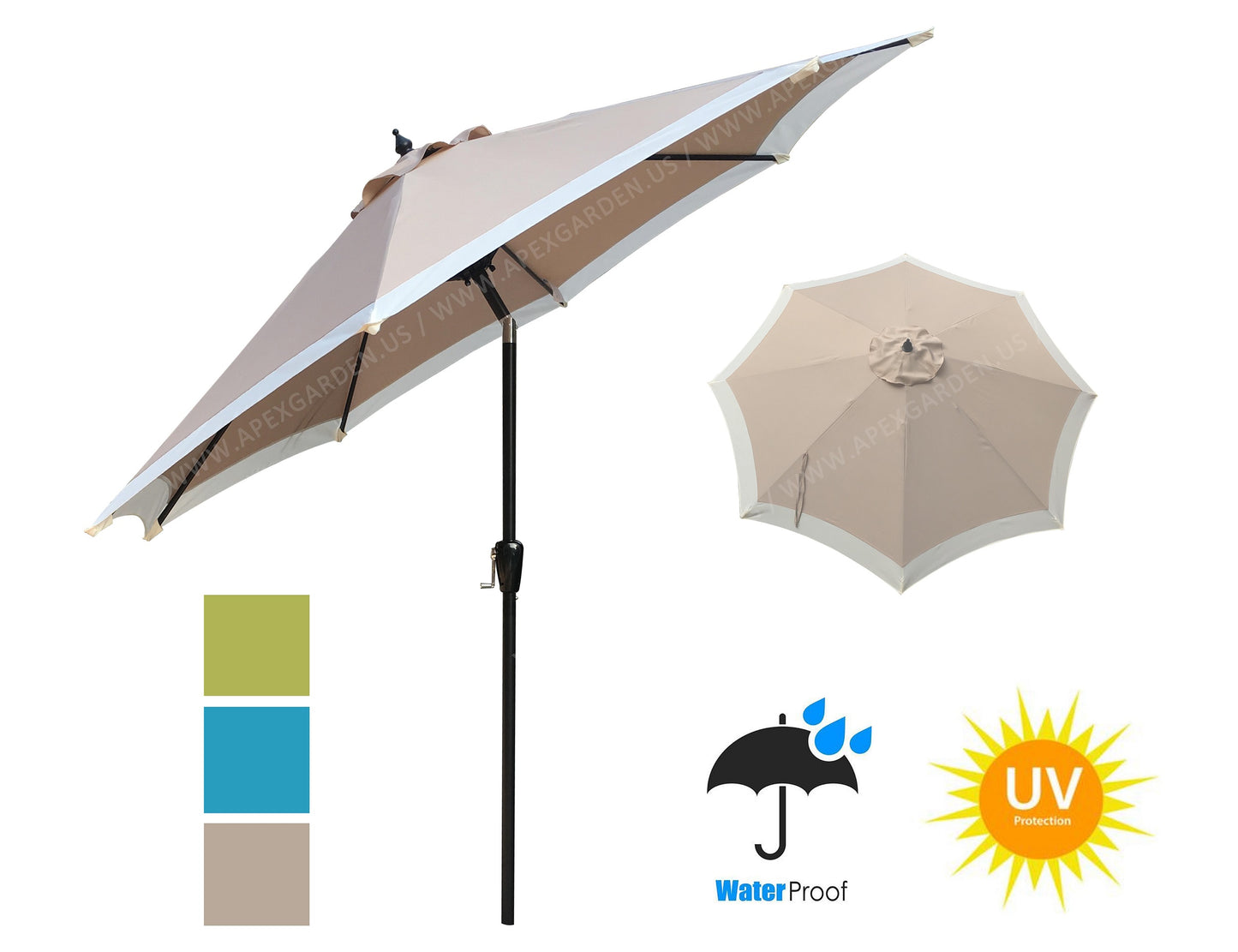 Dual Color 9 Feet 8 Ribs Outdoor Patio Table Market Umbrella with Push Button Tilt and Crank - APEX GARDEN US